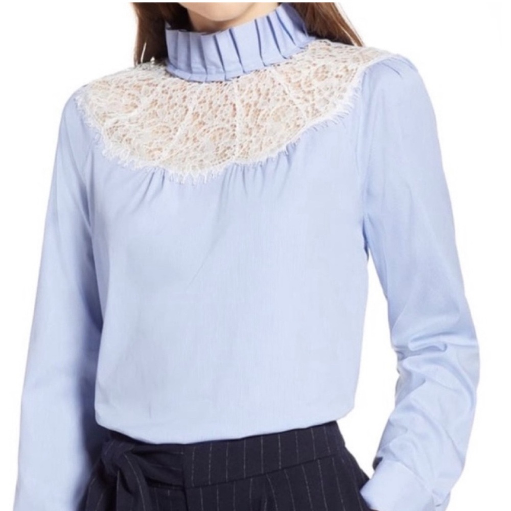 Halogen Lace Yoke Poplin Pinstripe LS Blouse